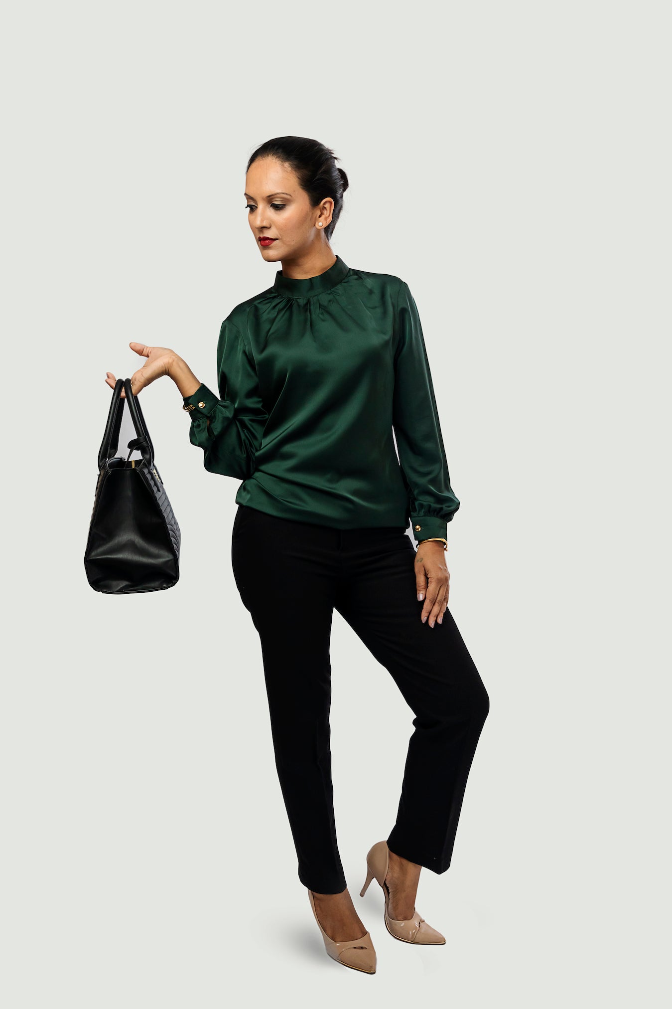 Mandarin Collar Blouse - Dark Green