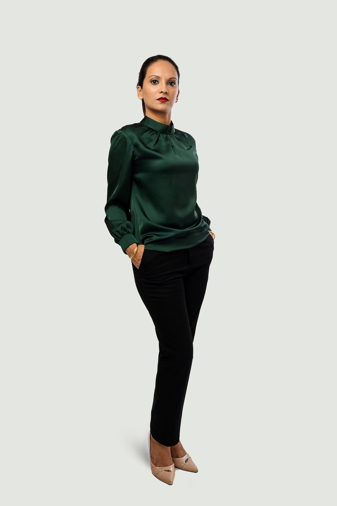 Mandarin Collar Blouse - Dark Green