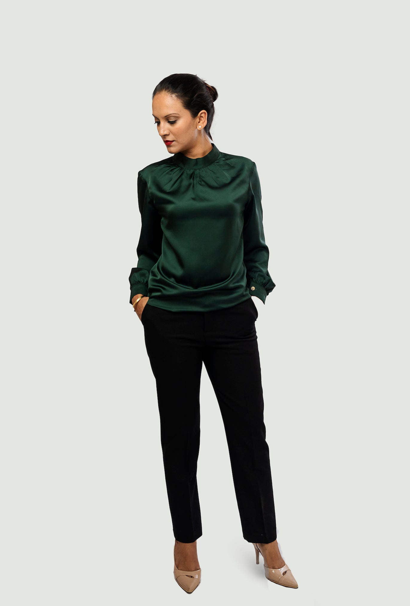 Mandarin Collar Blouse - Dark Green