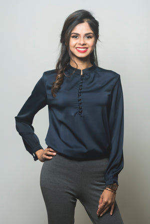 Mandarin Collar Blouse Wrapped Button - Navy Blue