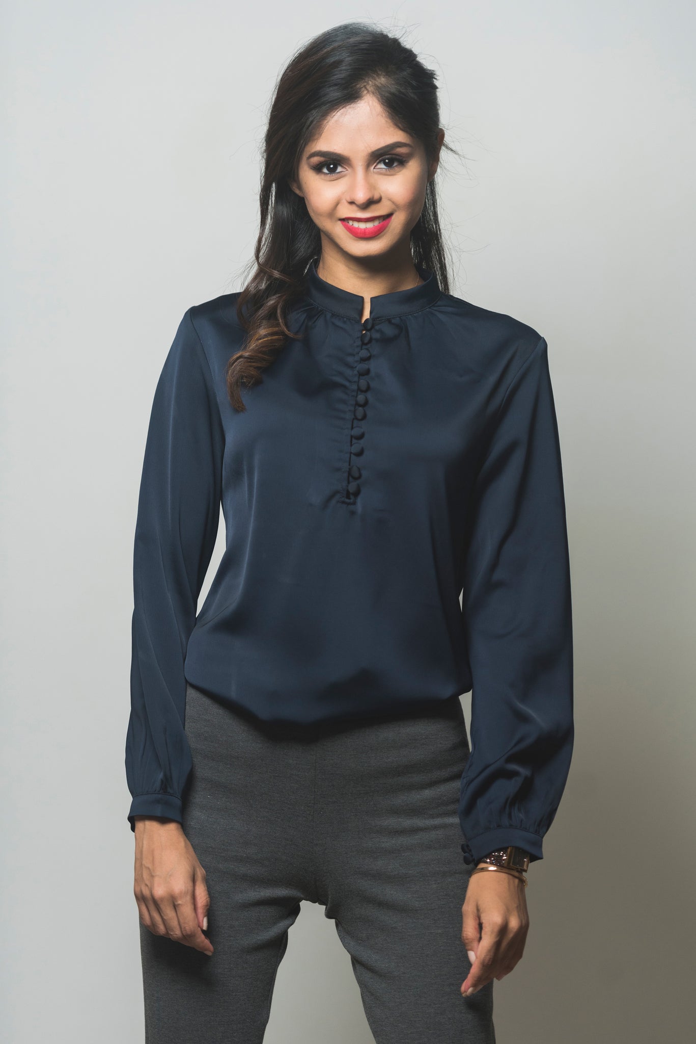 Mandarin Collar Blouse Wrapped Button - Navy Blue