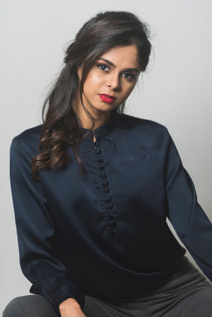 Mandarin Collar Blouse Wrapped Button - Navy Blue